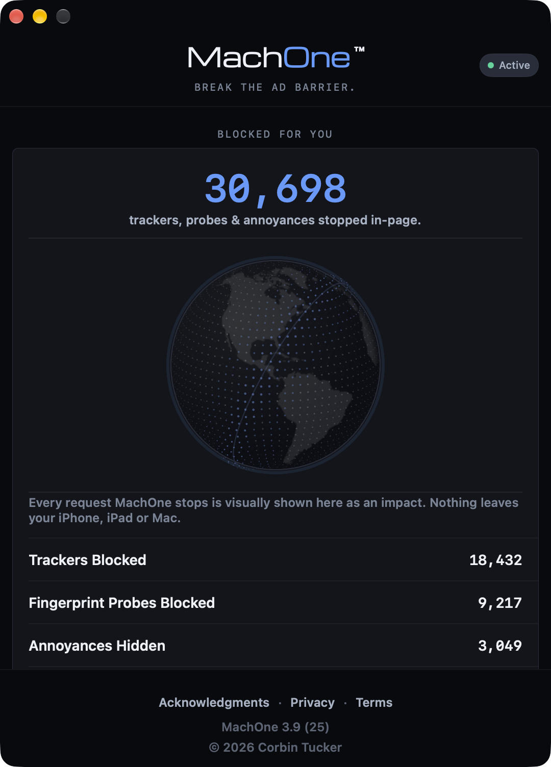 MachOne on macOS: the Blocked For You total, the sphere, and lifetime counts of trackers, fingerprint probes and annoyances